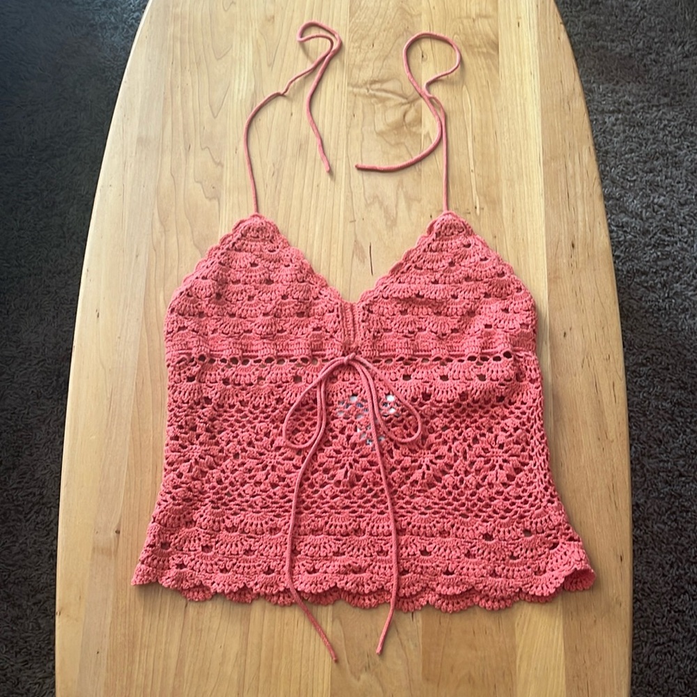 Coral Vintage crochet summer top. Canyon River Blues